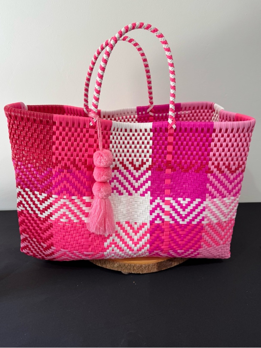 Jumbo Size Woven Pink Check Tote Bag with Tassel